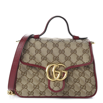 Gucci Monogram Glazed Calfskin Matelasse Diagonal Mini GG Marmont Top Handle Shoulder Bag Beige Ebony New Cherry Red 1 of 10