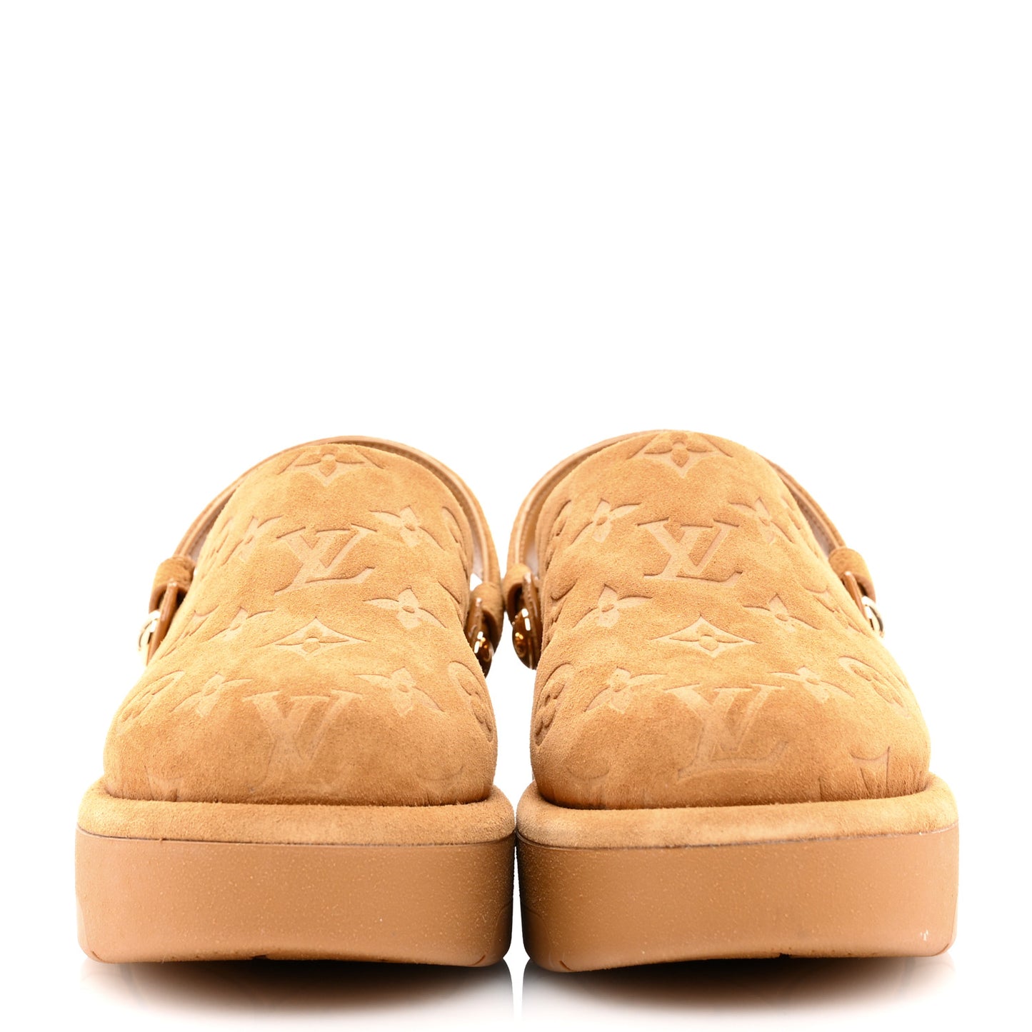 Suede Calfskin Embossed Monogram Aspen Platform Clog Mules 36.5 Cognac Brown
