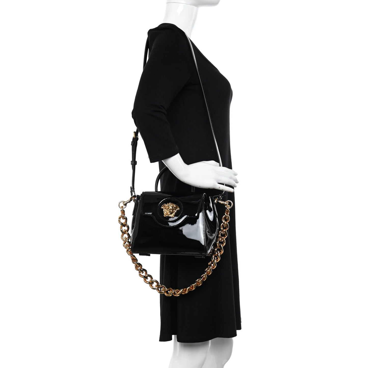 Patent Calfskin Small La Medusa Top Handle Bag Black