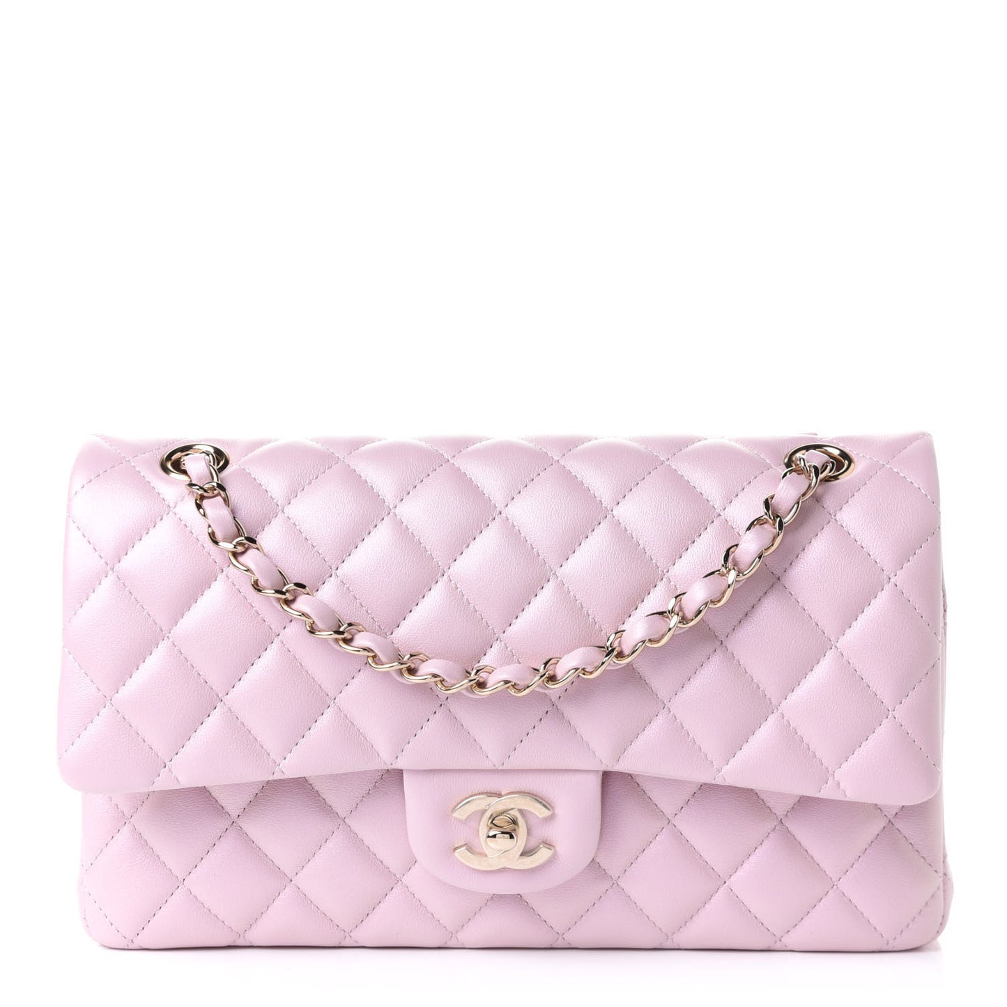 Iridescent Calfskin Quilted Medium Double Flap Light Pink