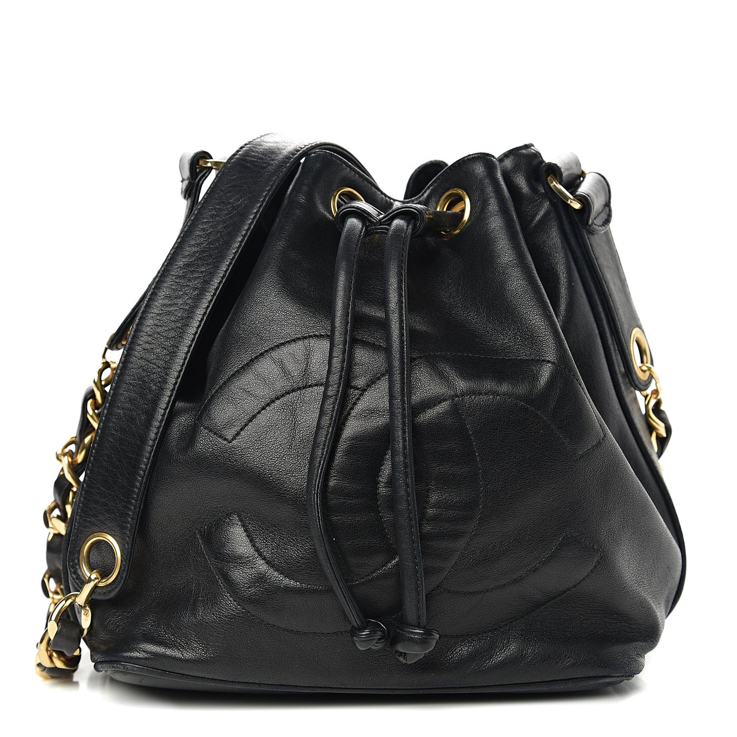 Lambskin CC Stitched Drawstring Bucket Bag Black