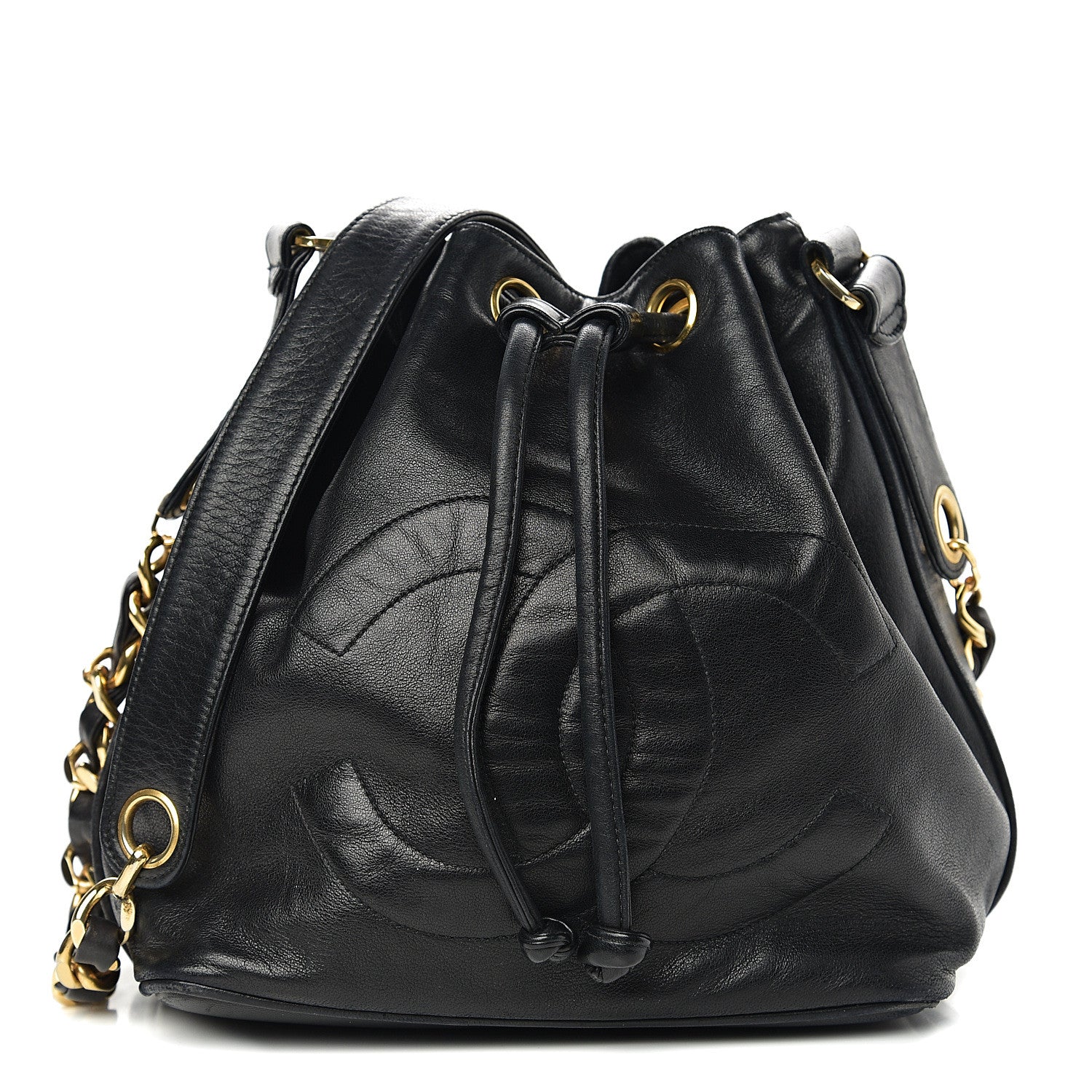 Chanel Lambskin CC Stitched Drawstring Bucket Bag Black 2 of 11
