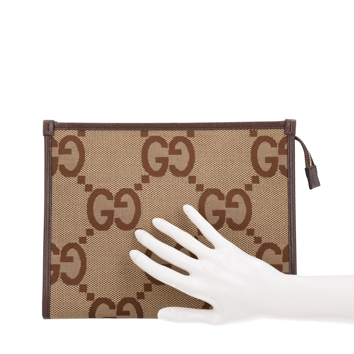 Gucci Monogram Jumbo GG Textured Dollar Calfskin Pouch Camel Ebony New Acero 2 of 10
