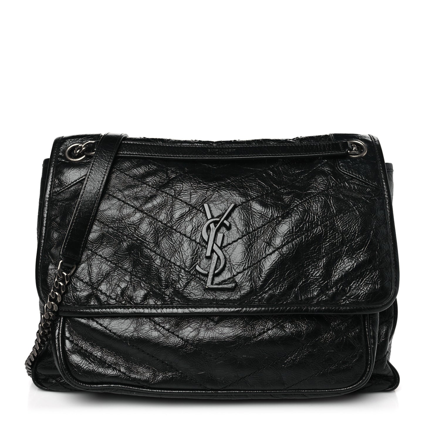 Crinkled Calfskin Matelasse Monogram Large Niki Chain Satchel Black