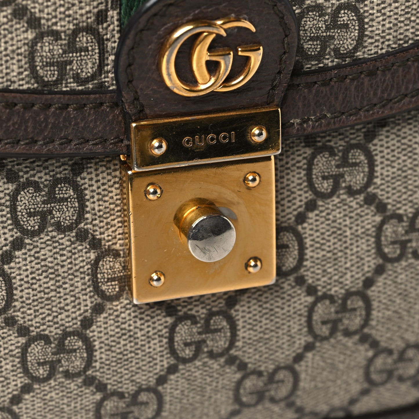 GG Supreme Monogram Textured Dollar Calfskin Web Small Ophidia Padlock Top Handle Bag Beige Ebony New Acero