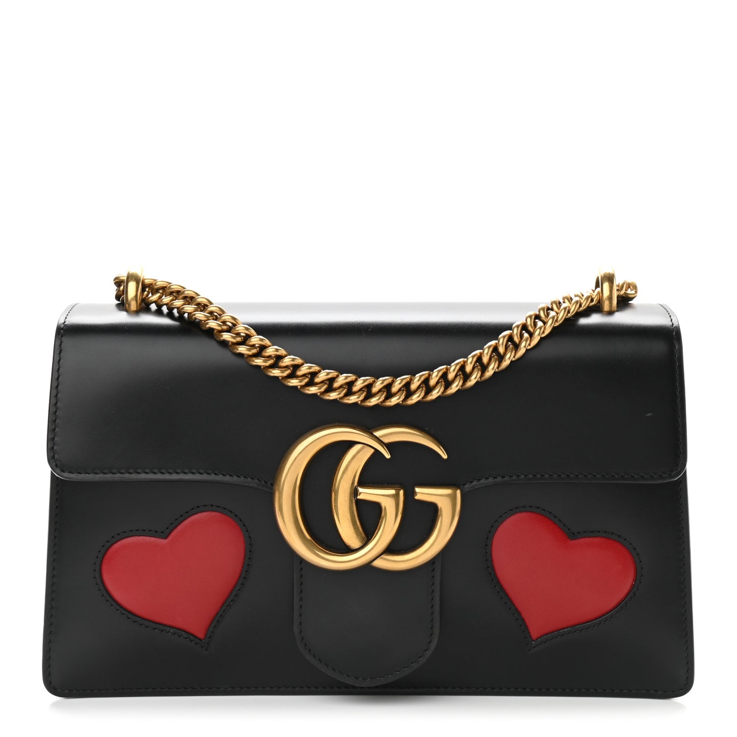Knight Calfskin Malaga Kid Heart Medium GG Marmont Chain Handle Bag Black Hibiscus Red Multicolor