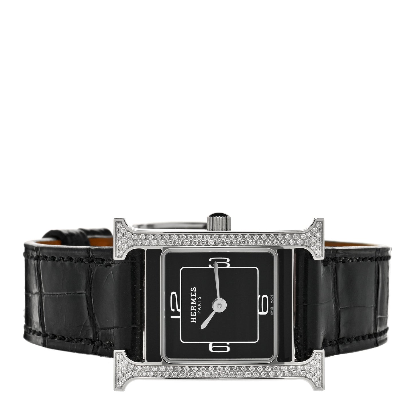 Stainless Steel Alligator Diamond Lacquer 21mm Heure H Hour Double Jeu Quartz Watch Noir