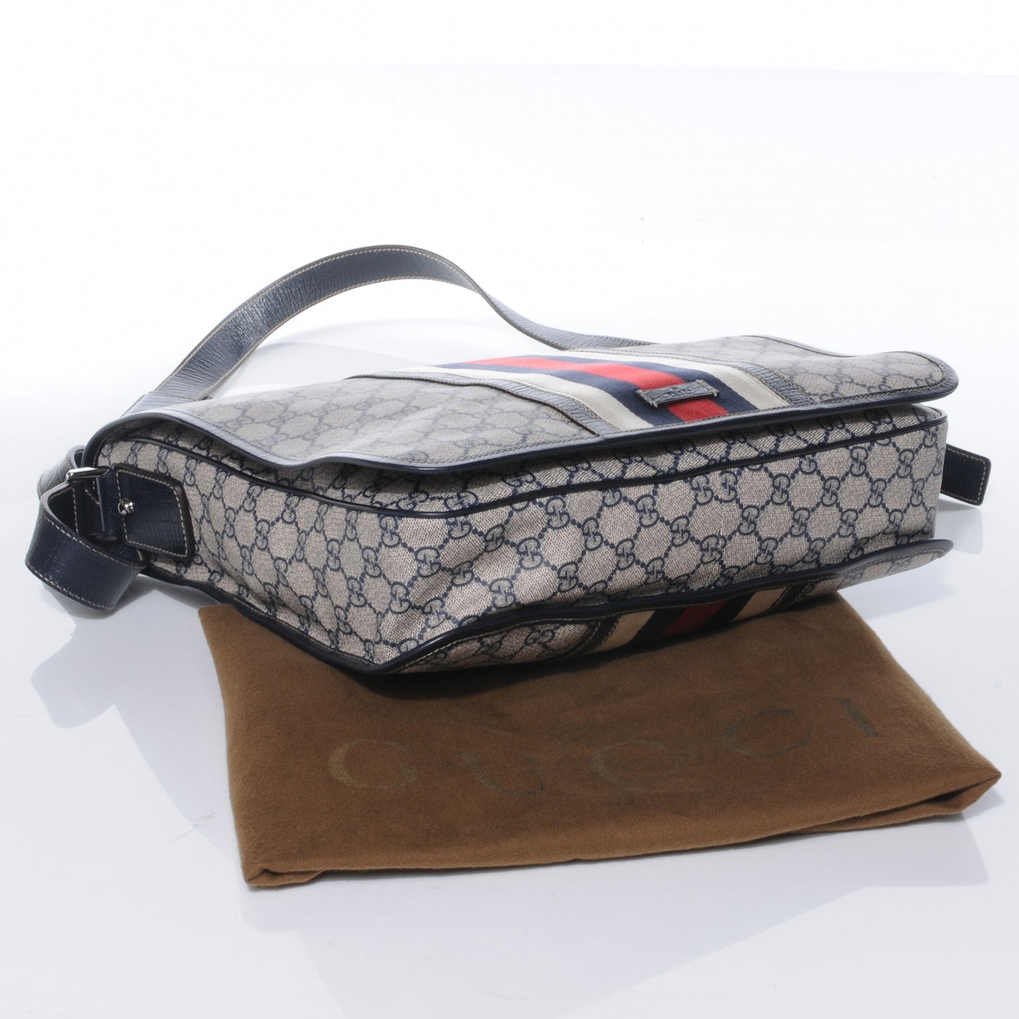 GG Plus Monogram Vintage Web Large Flap Messenger Bag Beige Navy Blue