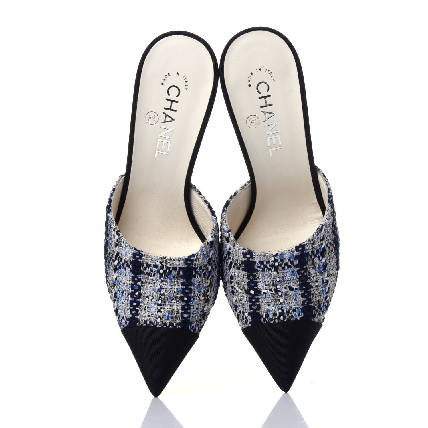 Chanel Tweed Grosgrain Pearl Mules 39 Navy White Black 6 of 13