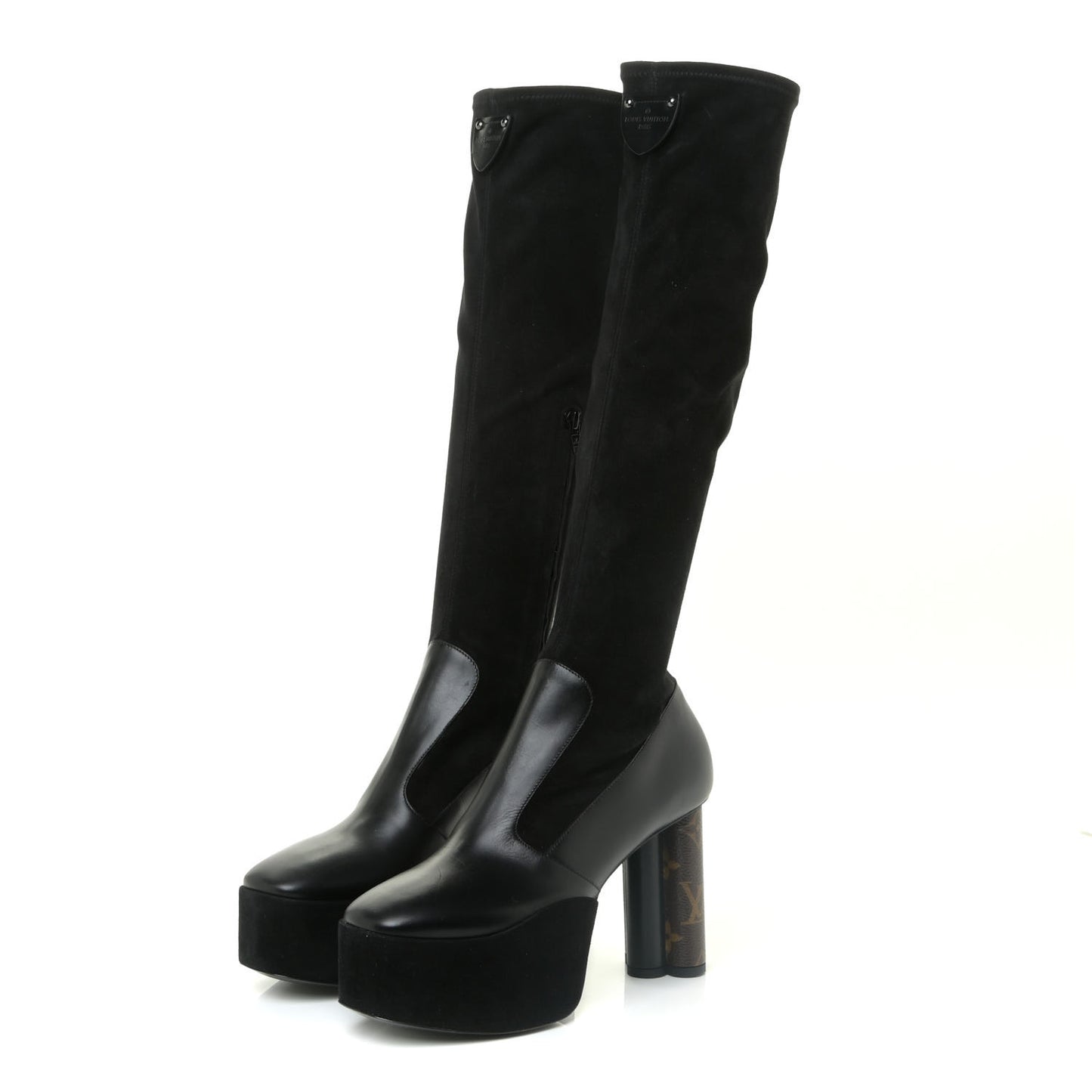 Suede Calfskin Monogram Podium Platform Thigh Boots 37.5 Black