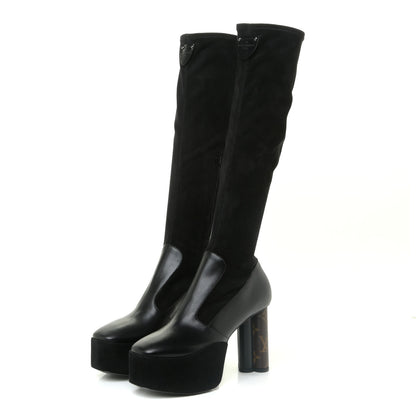 Louis Vuitton Suede Calfskin Monogram Podium Platform Thigh Boots 37.5 Black 3 of 17