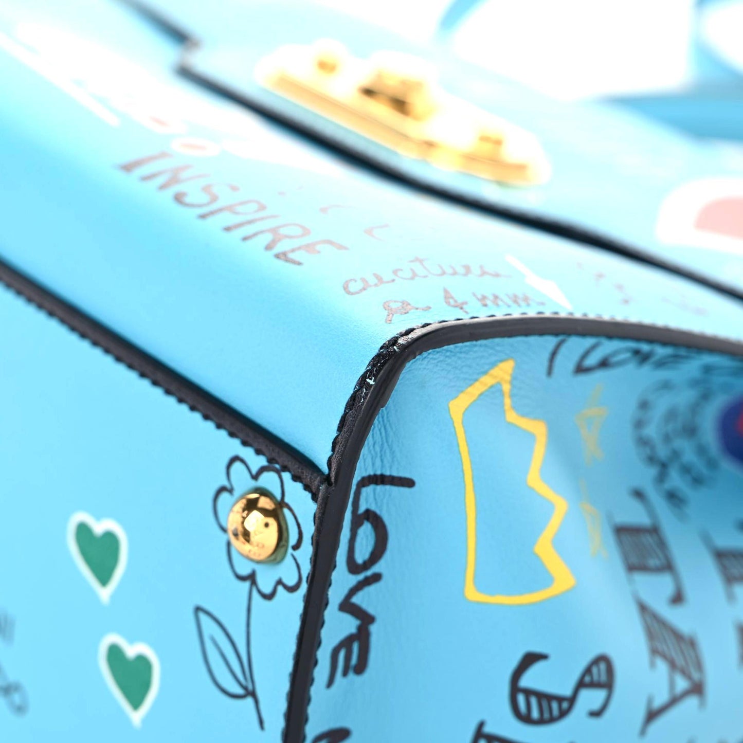 Calfskin Graffiti Printed Welcome Satchel Blue Black