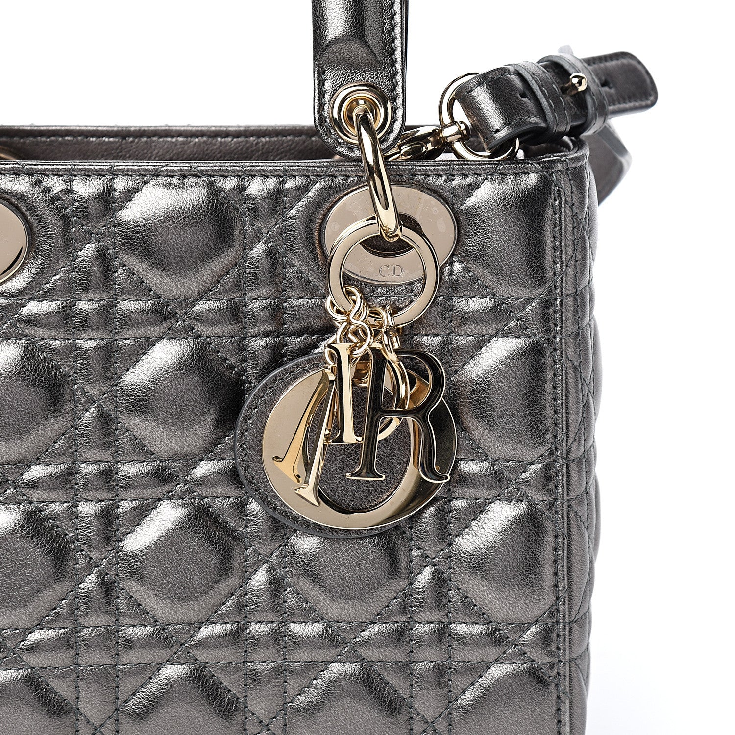 Christian Dior Metallic Grained Calfskin Cannage Small Lady Dior Gunmetal 9 of 10