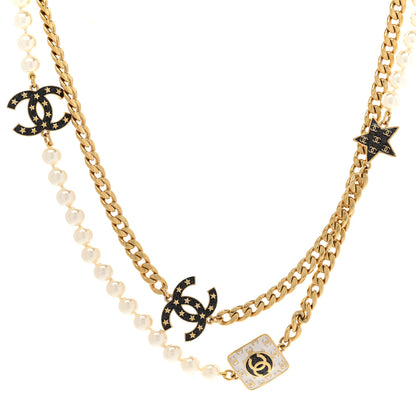 Chanel Metal Enamel Pearl Star CC Necklace Gold White 1 of 6