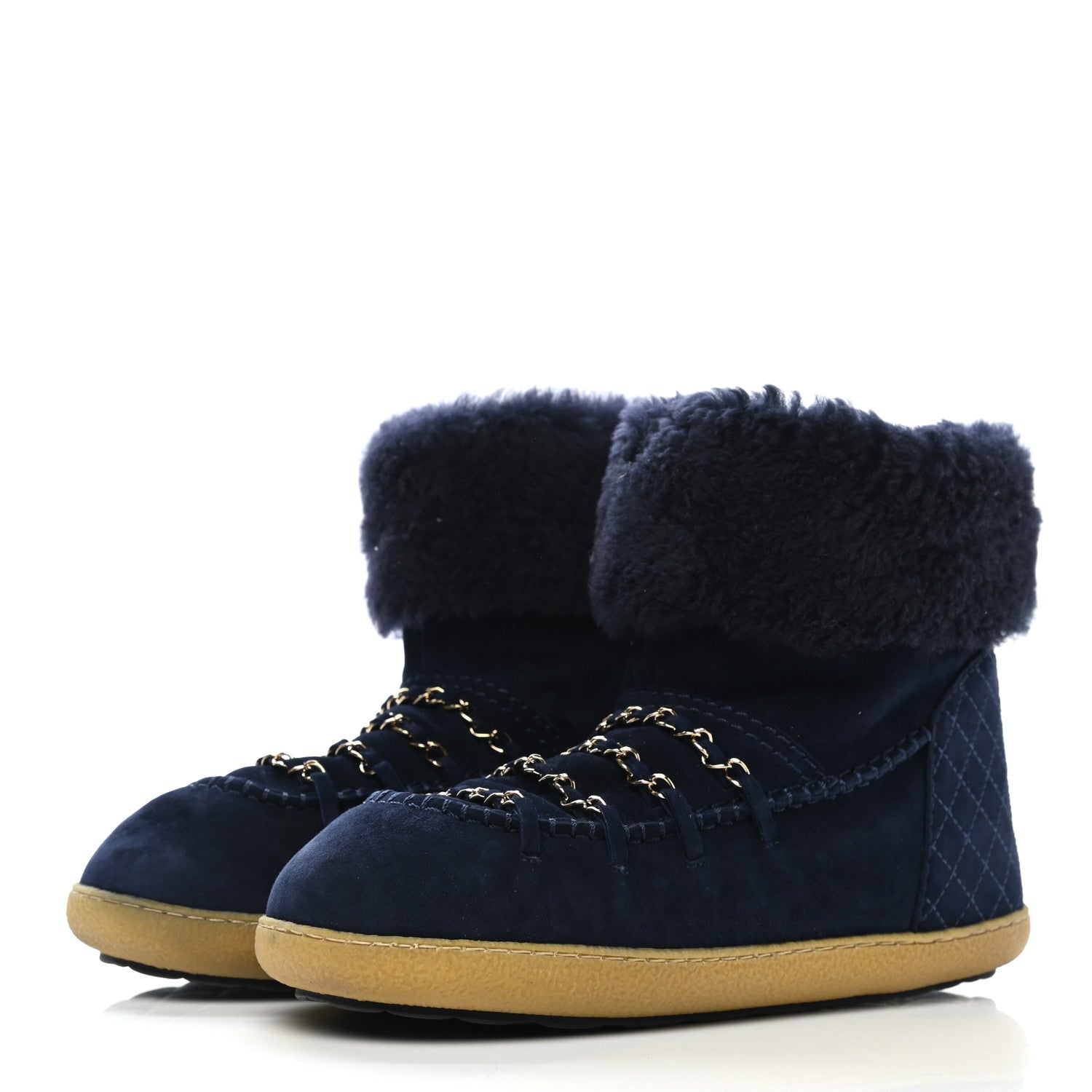 Chanel Suede Shearling Chain Link Short Boots 39.5 Navy 3 of 8