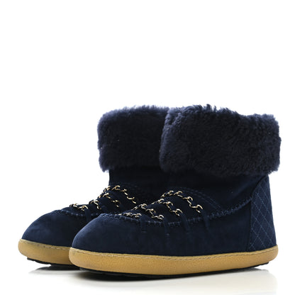 Chanel Suede Shearling Chain Link Short Boots 39.5 Navy 3 of 8