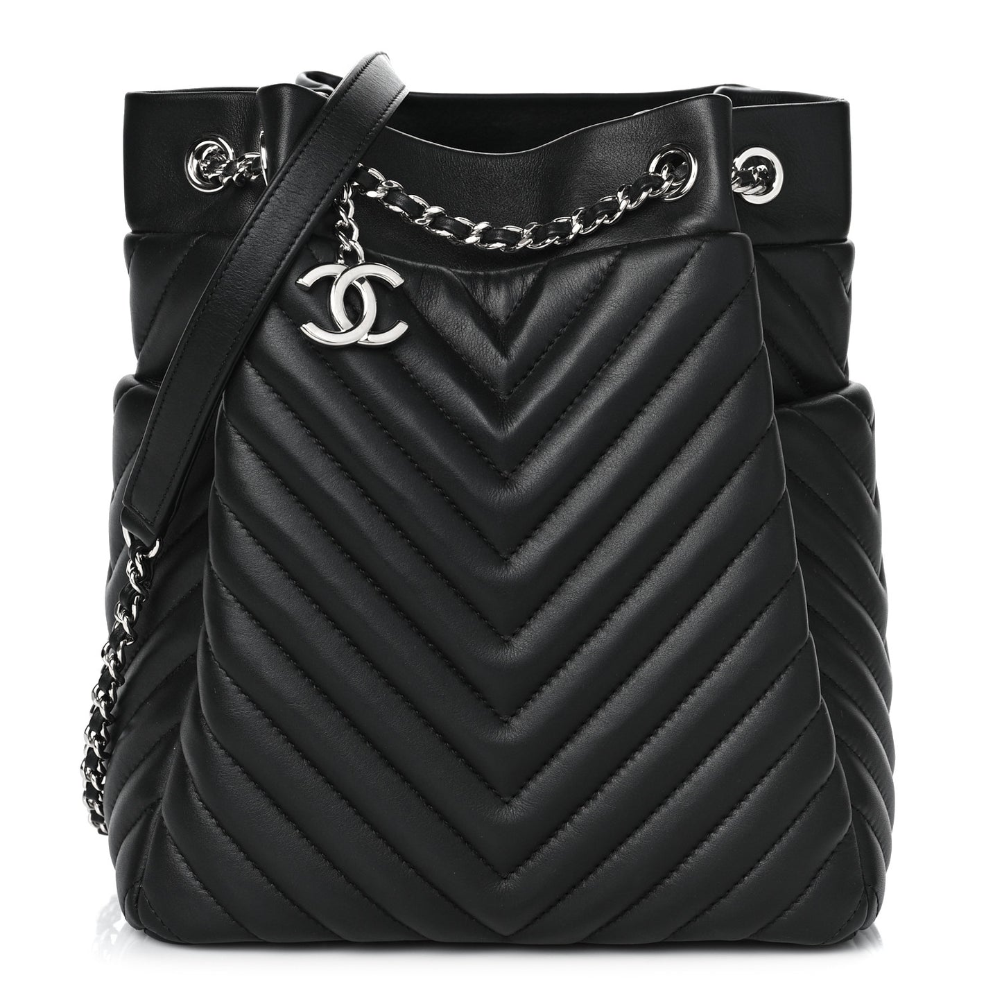 Lambskin Chevron Small Urban Spirit Drawstring Bag Black
