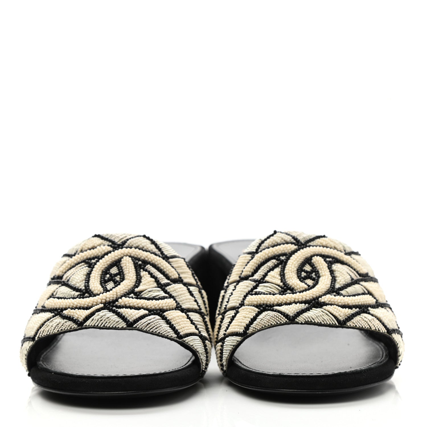 Chanel Kid Suede Pearl Embroidery CC Mules 39 Black White 2 of 9