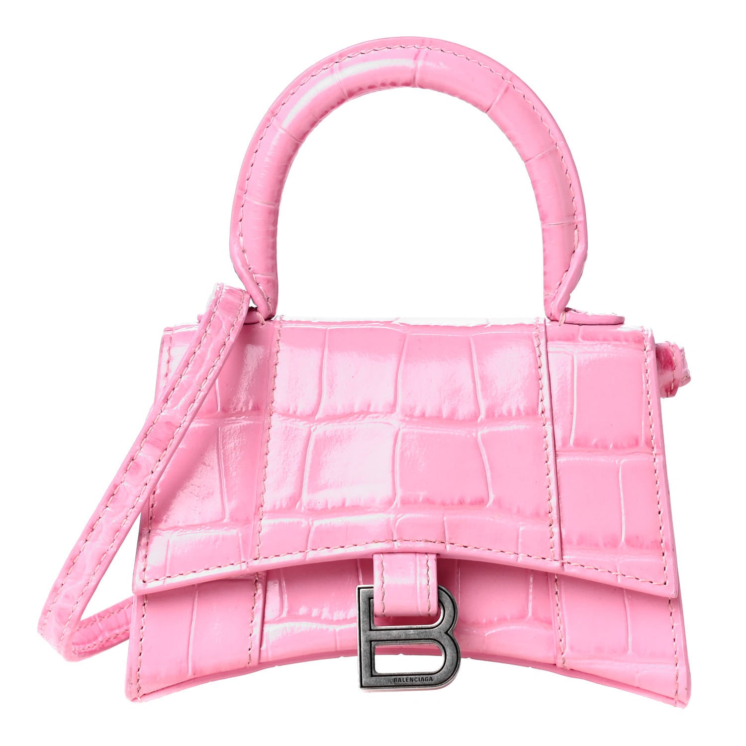 Balenciaga Shiny Calfskin Crocodile Embossed Hourglass Top Handle Bag Mini Pink 1 of 9