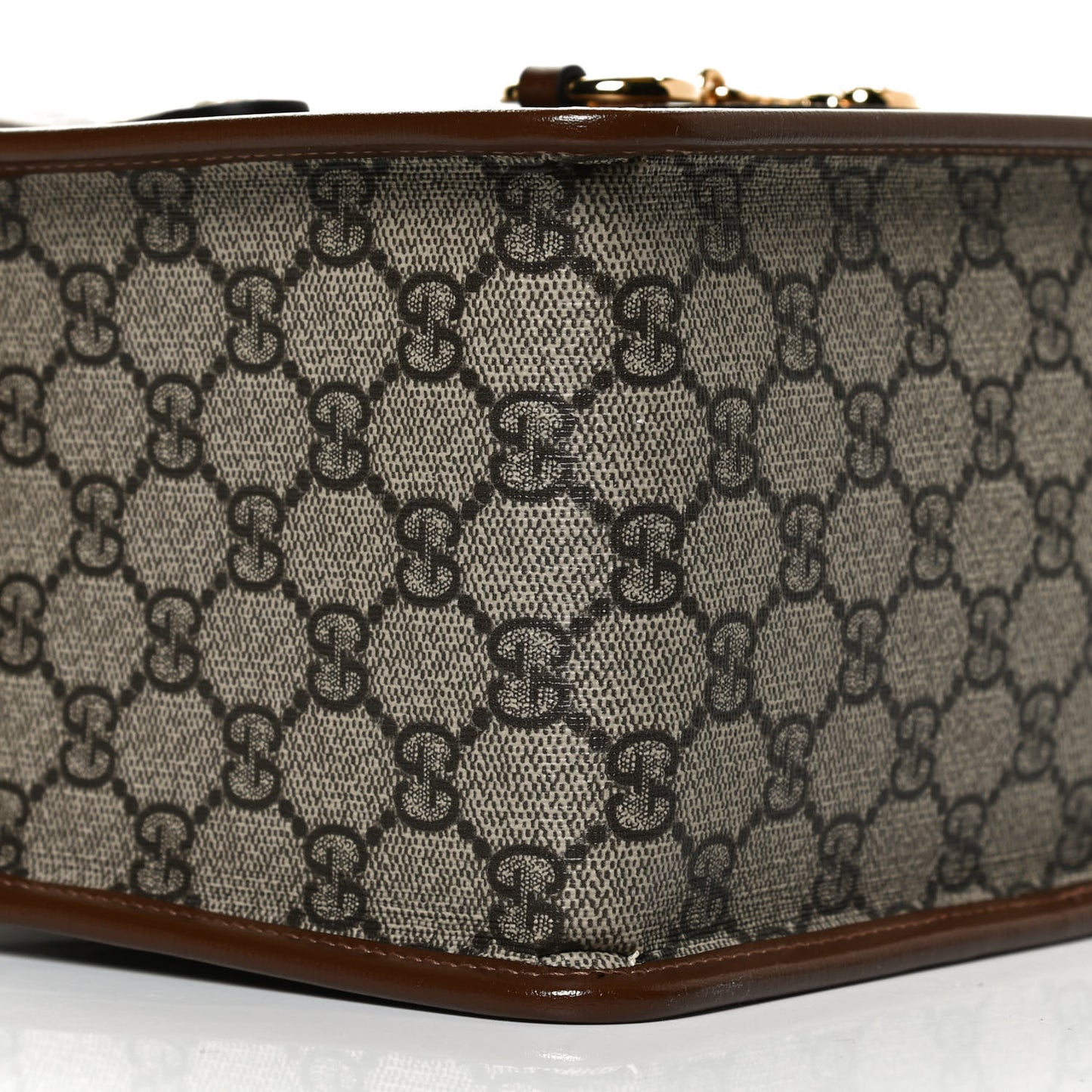 GG Supreme Monogram Azalea Calfskin Mini Horsebit 1955 Foldover Top Handle Bag Beige Ebony Brown Sugar