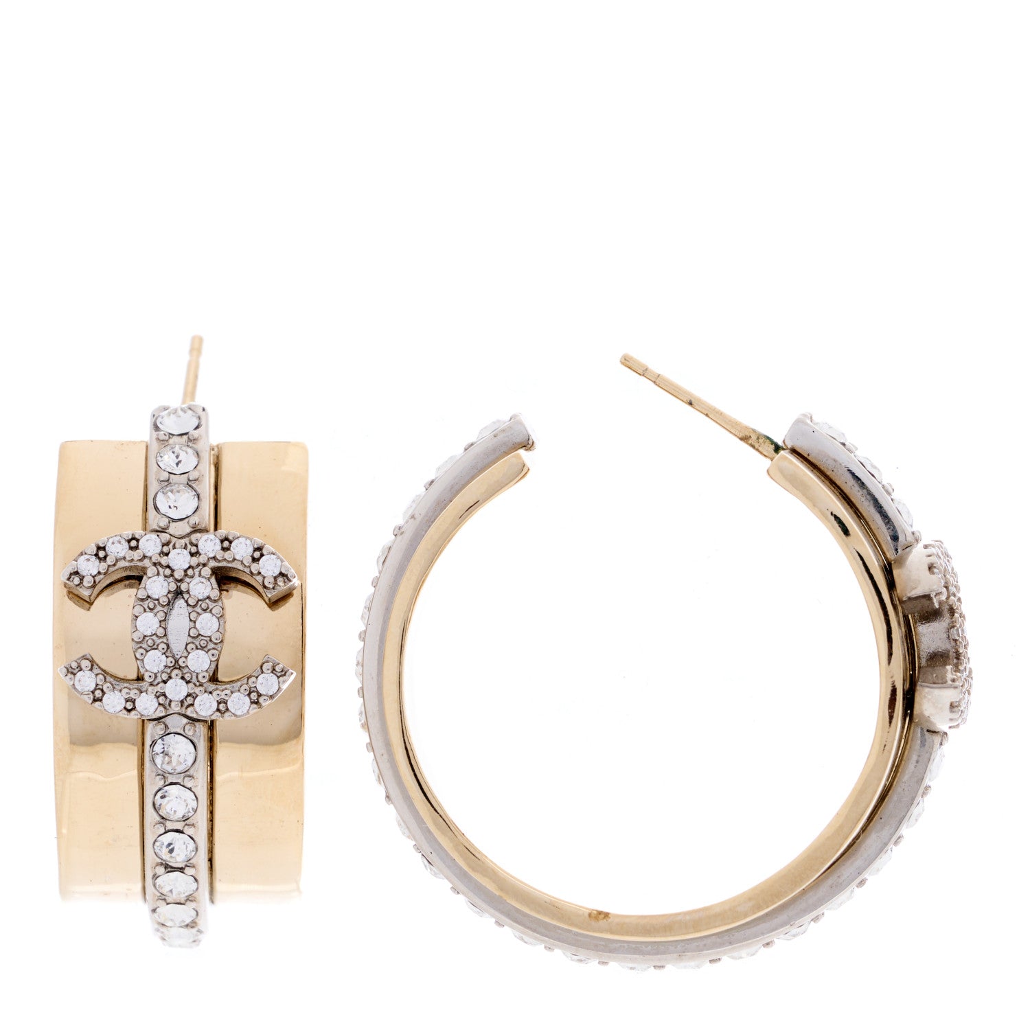 Chanel Metal Crystal CC Hoop Earrings Gold Silver 1 of 4