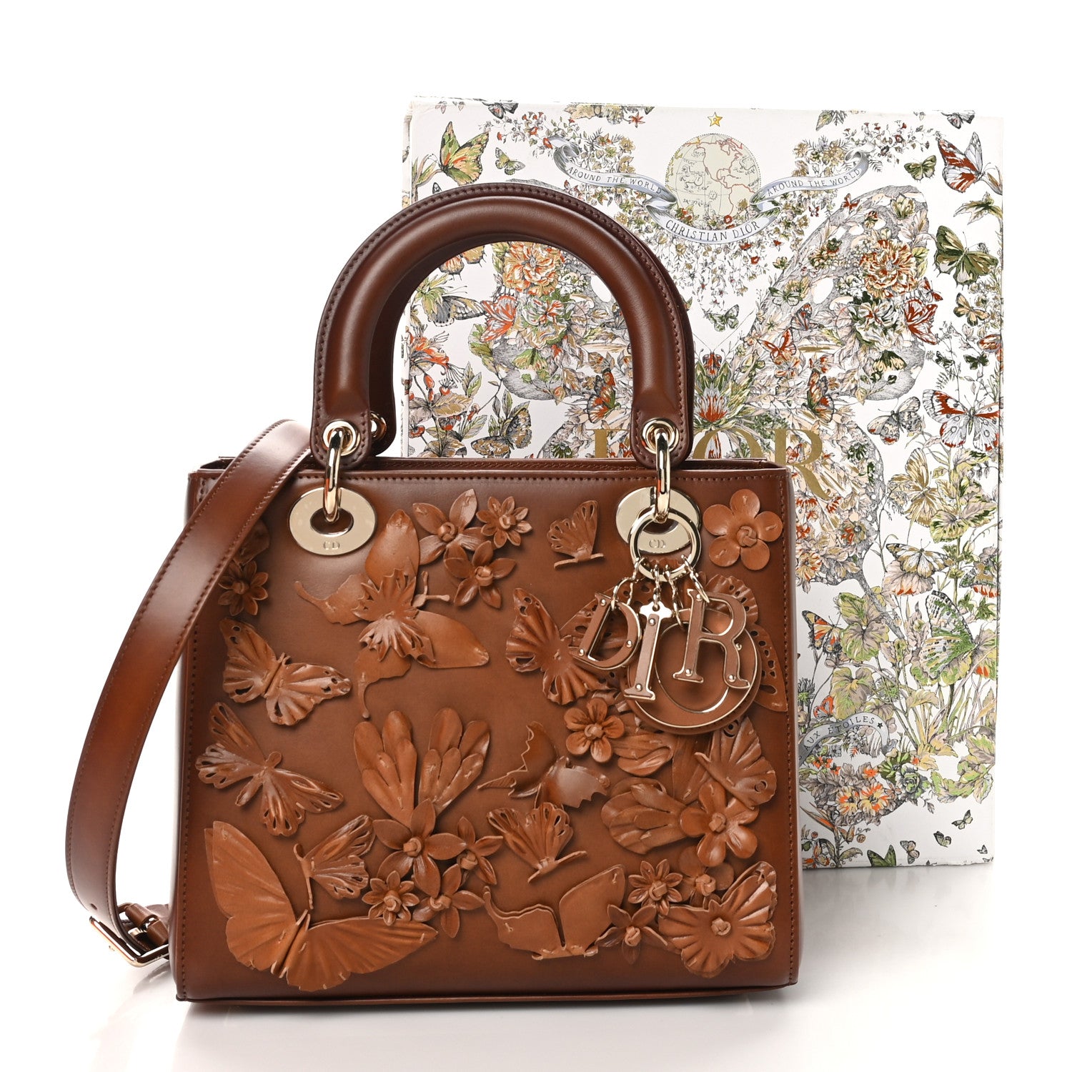 Christian Dior Calfskin 3D Butterfly Embellished Medium Lady Dior Brown 19 of 21