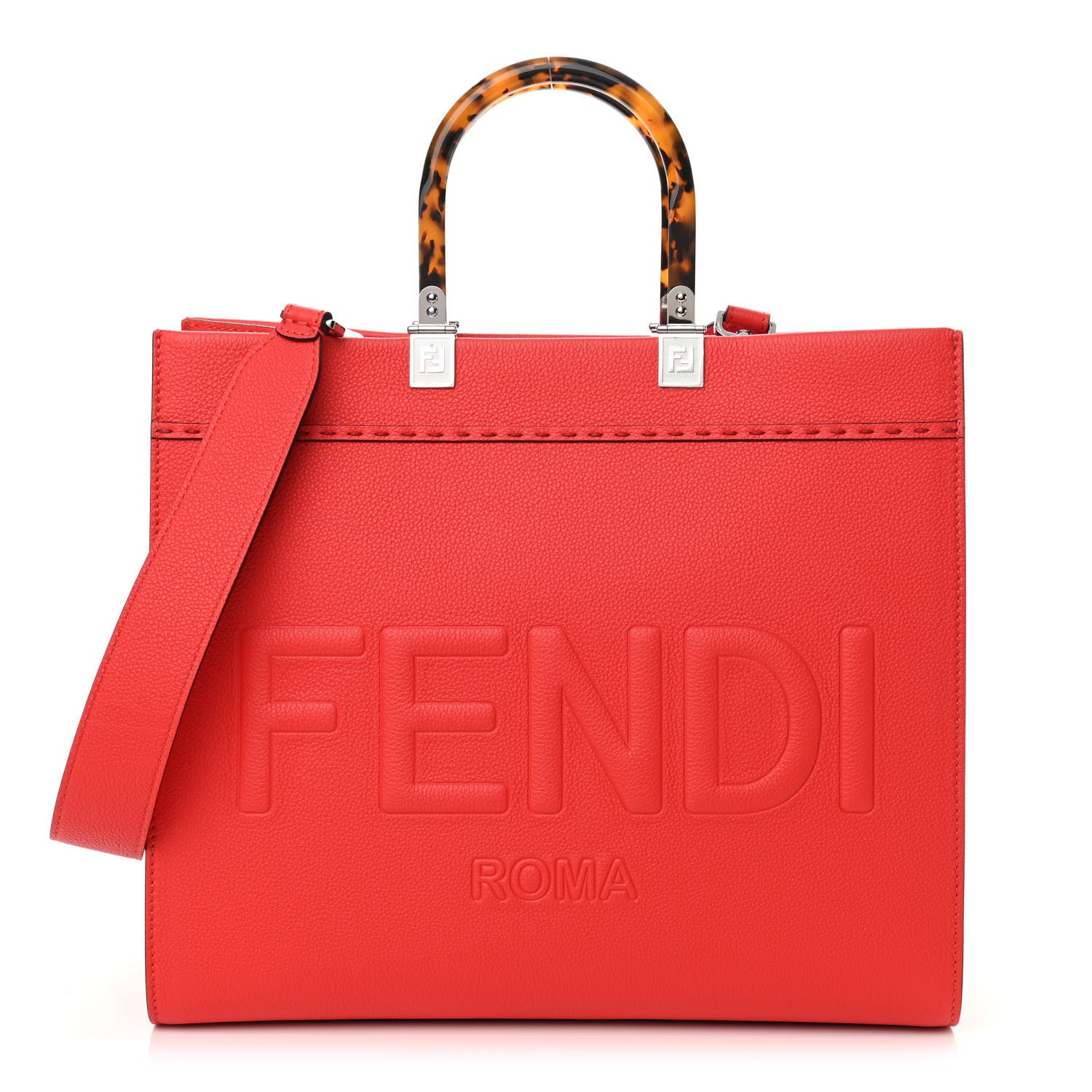 Fendi Vitello Cher Plexiglass Logo Debossed Medium Fendi Sunshine Shopper Tote Papavero 1 of 10