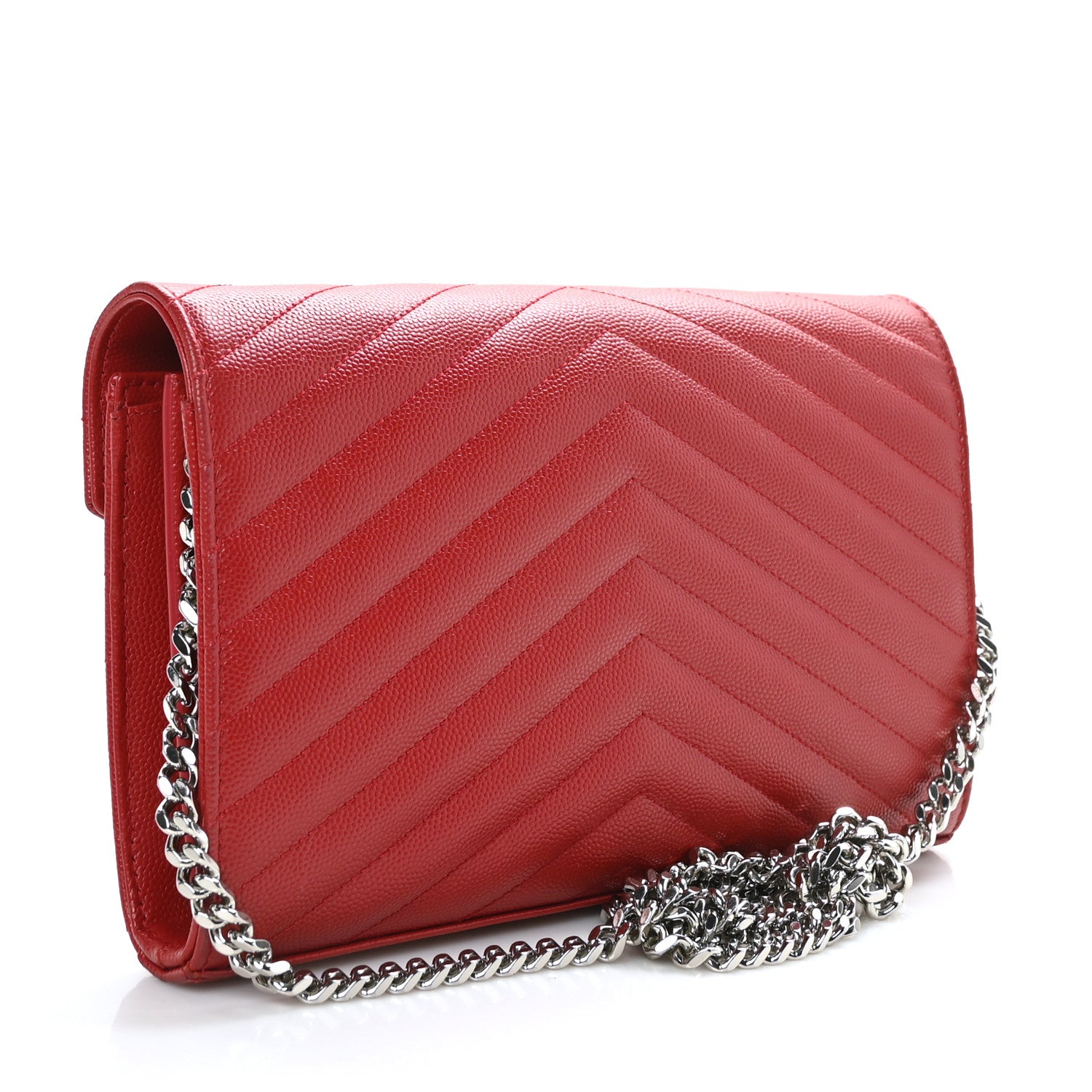 Saint Laurent Grain De Poudre Matelasse Chevron Monogram Chain Wallet New Red 4 of 10