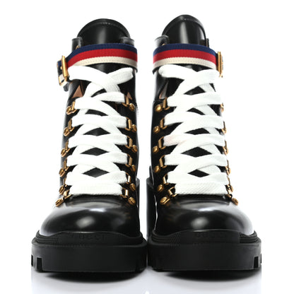 Gucci Calfskin Sylvie Web Lace Up Combat Boots 38.5 Black 2 of 7