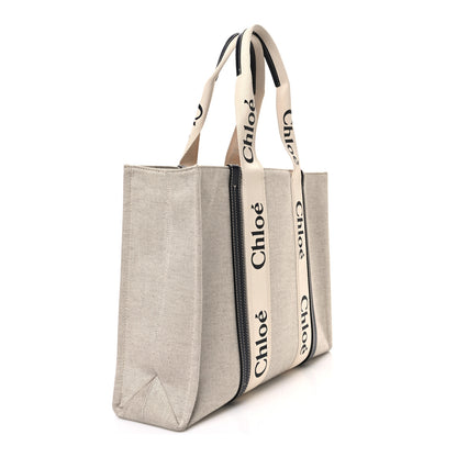 Chloe Cotton Calfskin Large Woody Ribbon Tote White Blue 3 of 10