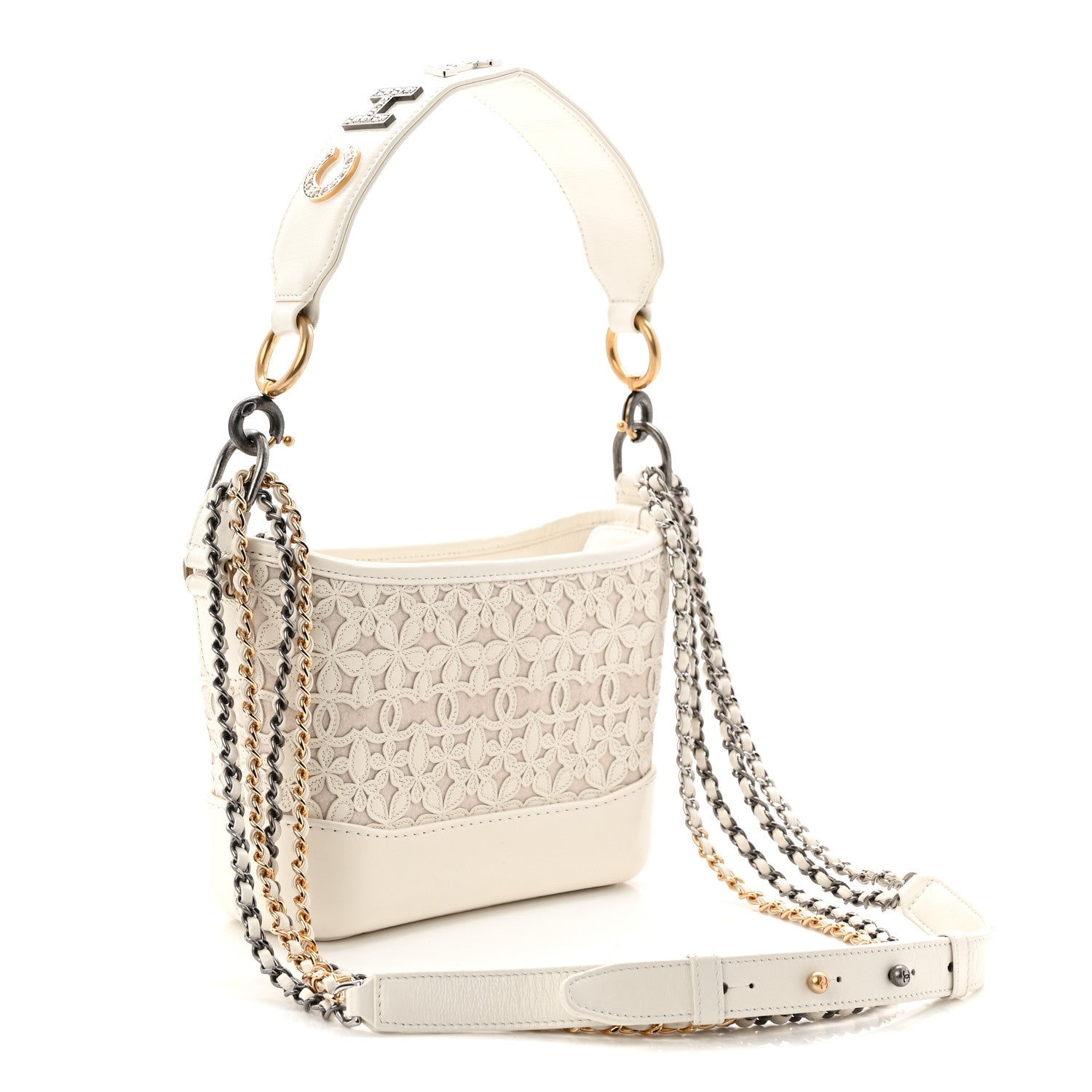 Chanel Calfskin Wool Felt Embossed Small Gabrielle Logo Hobo White 3 of 10