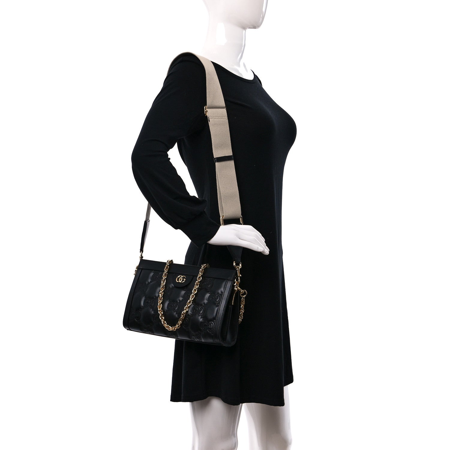 Gucci Calfskin GG Matelasse Small Slim Chain Shoulder Bag Black Natural 2 of 9