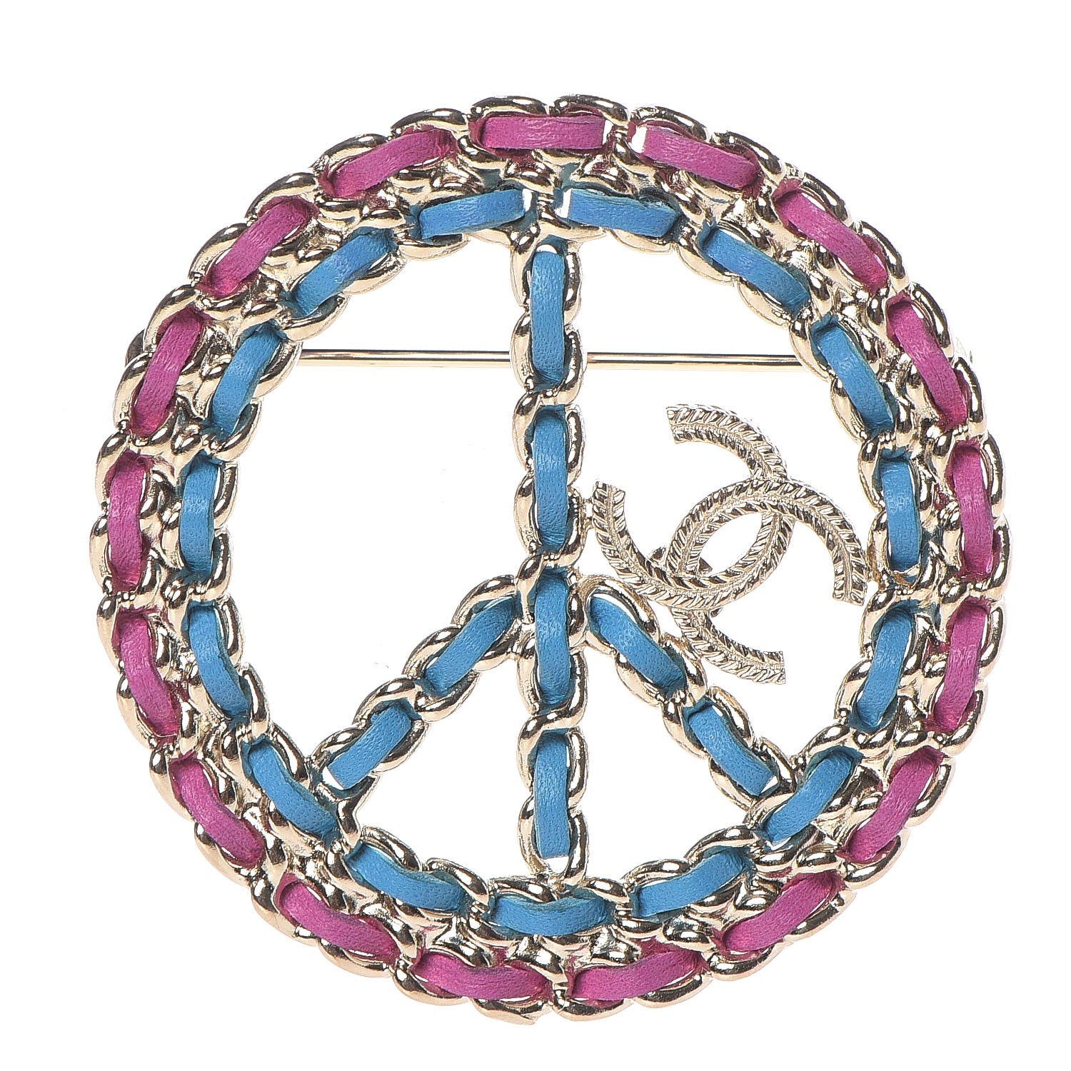 Chanel Metal Calfskin Chain Peace Sign CC Brooch Blue Purple Gold 1 of 4