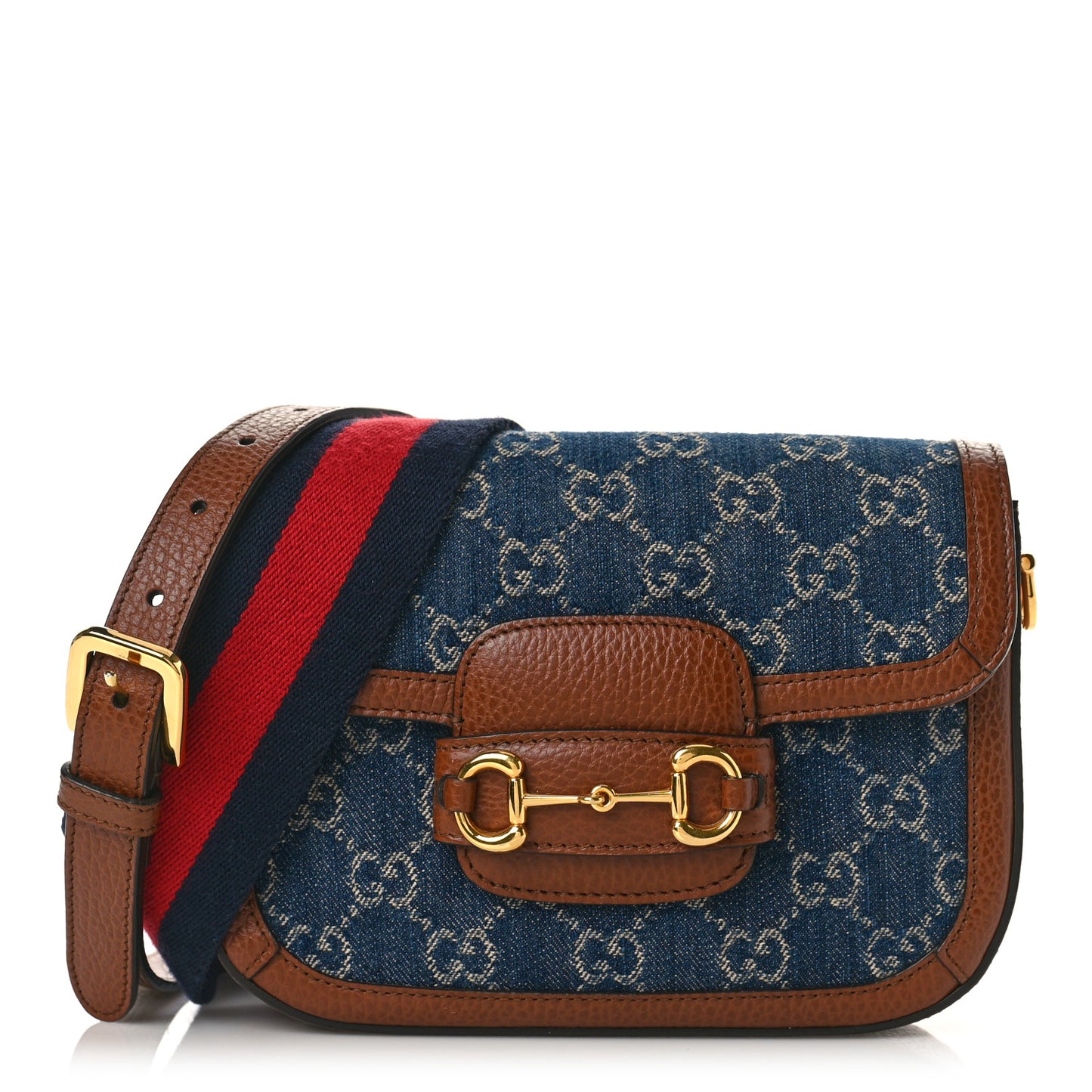 New Denim GG Monogram Dollar Calfskin Web Mini Horsebit 1955 Shoulder Bag Blue Tea Cuir Epilog