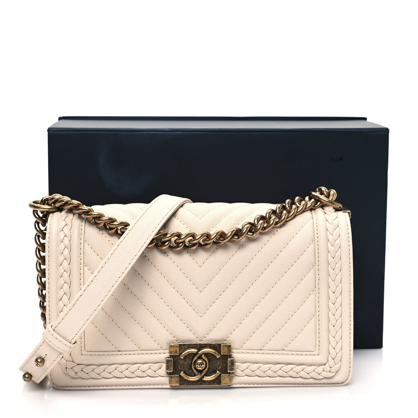 Caviar Chevron Quilted Braided Medium Boy Flap Beige