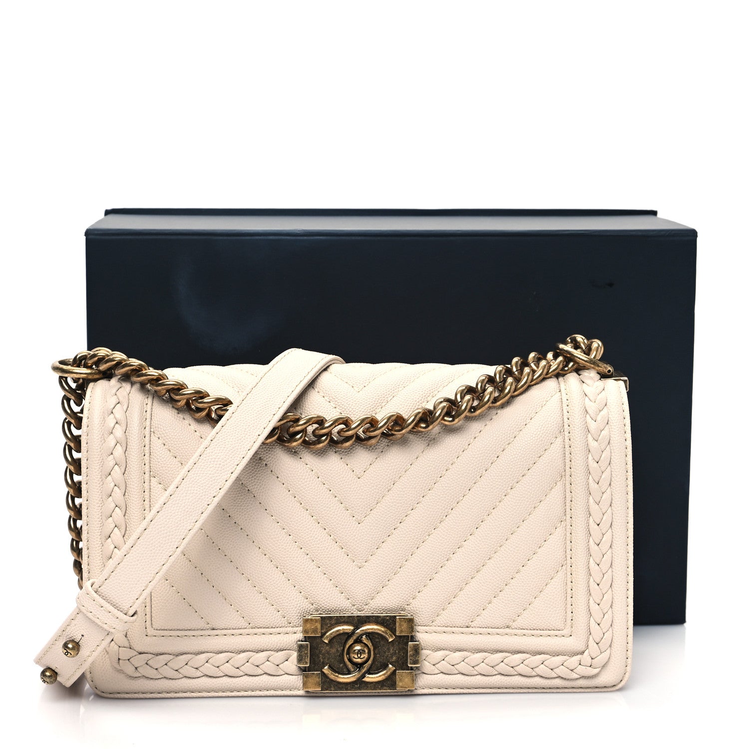 Chanel Caviar Chevron Quilted Braided Medium Boy Flap Beige 11 of 11