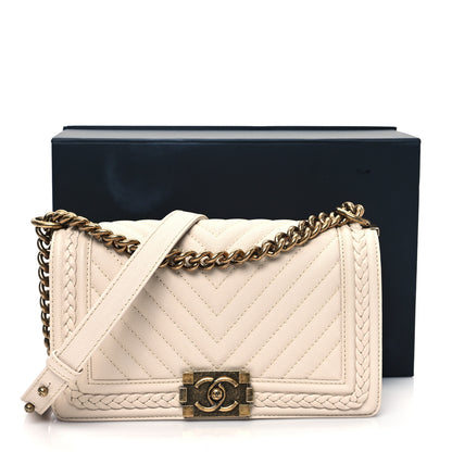 Chanel Caviar Chevron Quilted Braided Medium Boy Flap Beige 11 of 11
