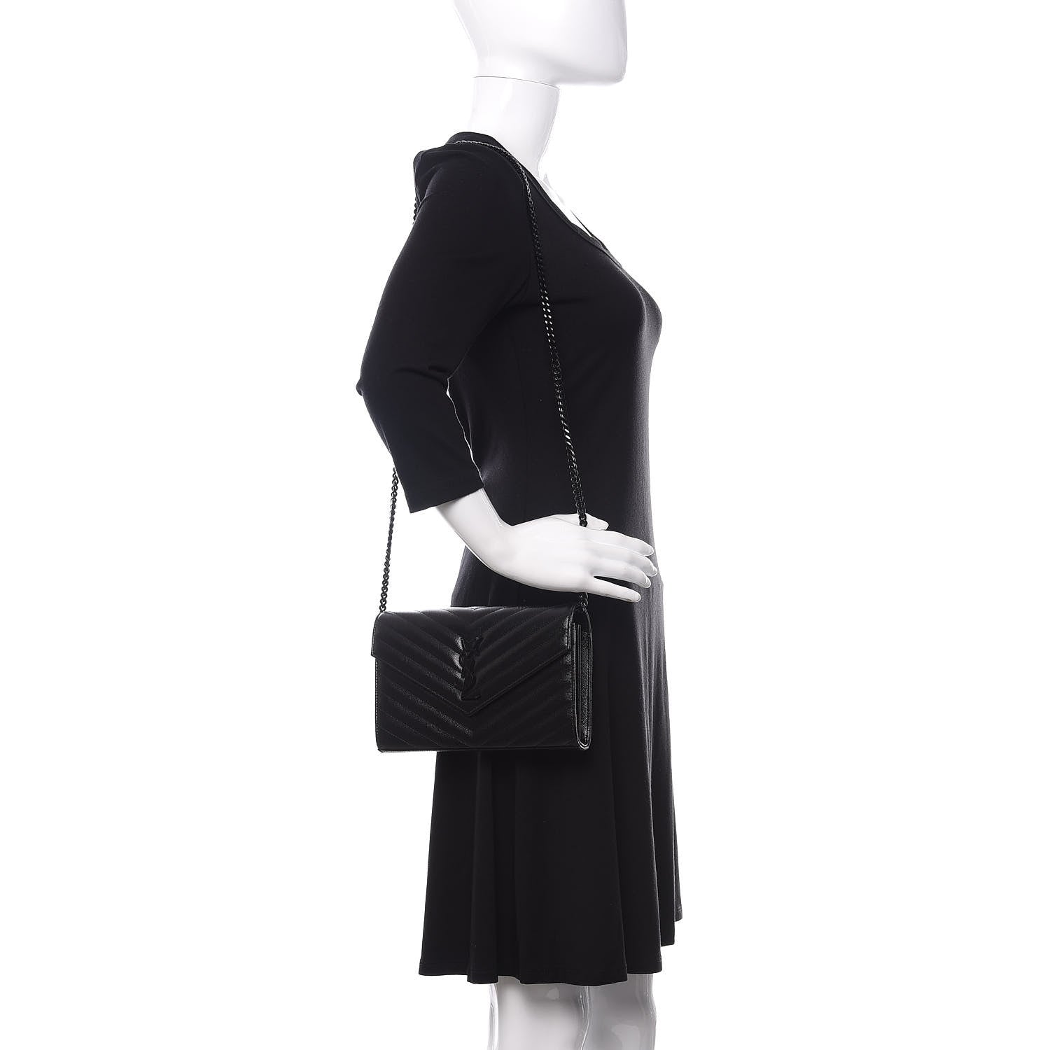 Saint Laurent Grain De Poudre Matelasse Chevron Monogram Chain Wallet Black 2 of 11