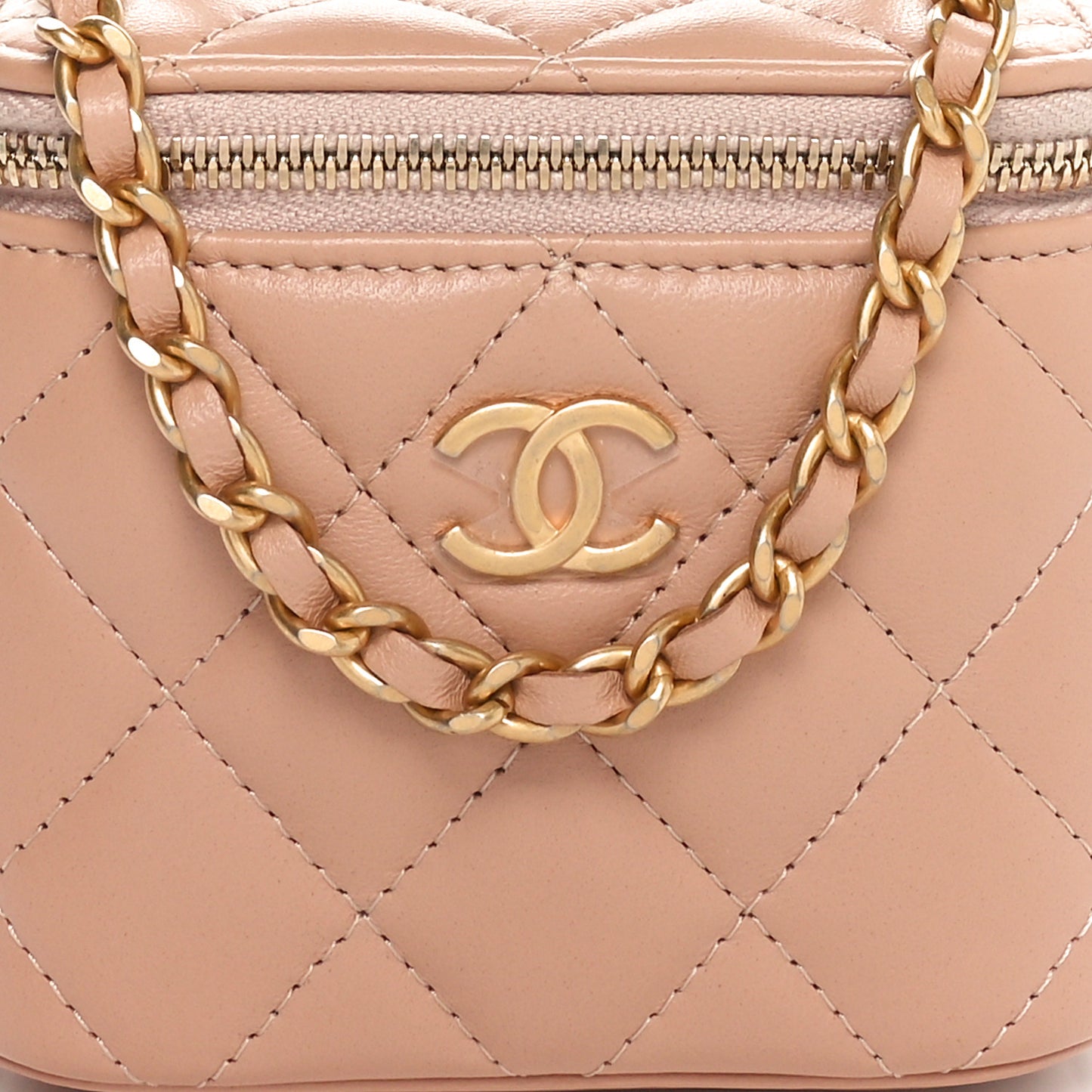 Lambskin Quilted Top Handle Mini Vanity Case With Chain Beige