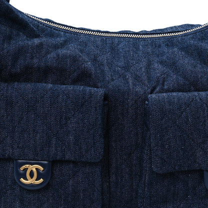 Chanel Washed Denim Quilted Cargo Maxi Hobo Dark Blue 8 of 10