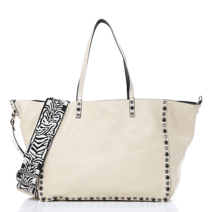 Valentino Garavani Stampa Alce Calfskin Medium Guitar Strap Rockstud Rolling Reversible Tote Black Ivory 3 of 14
