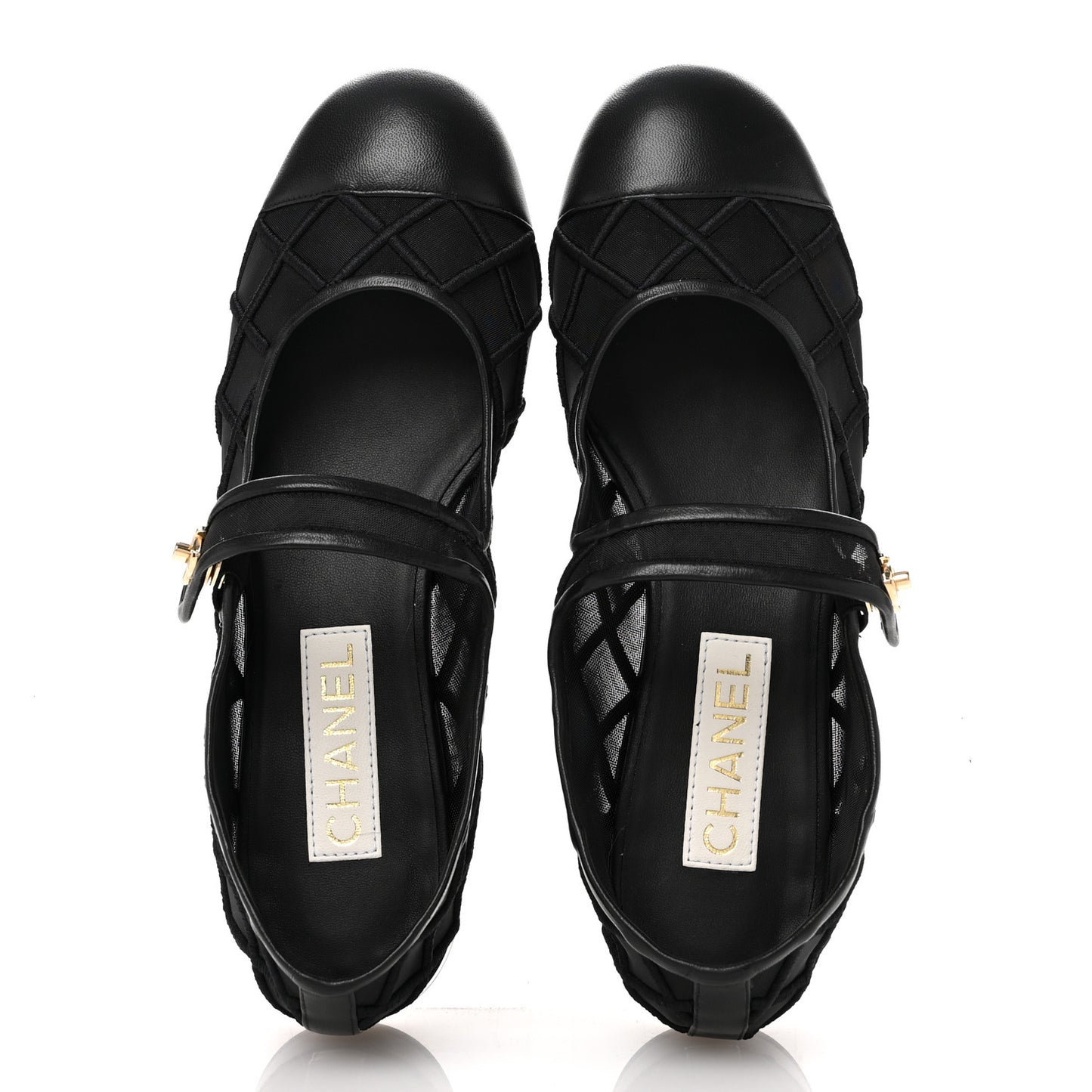 Lambskin Fabric Mesh Quilted Mary Jane Cap Toe Flats 40.5 Black