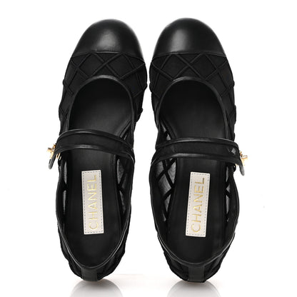 Chanel Lambskin Fabric Mesh Quilted Mary Jane Cap Toe Flats 40.5 Black 2 of 9