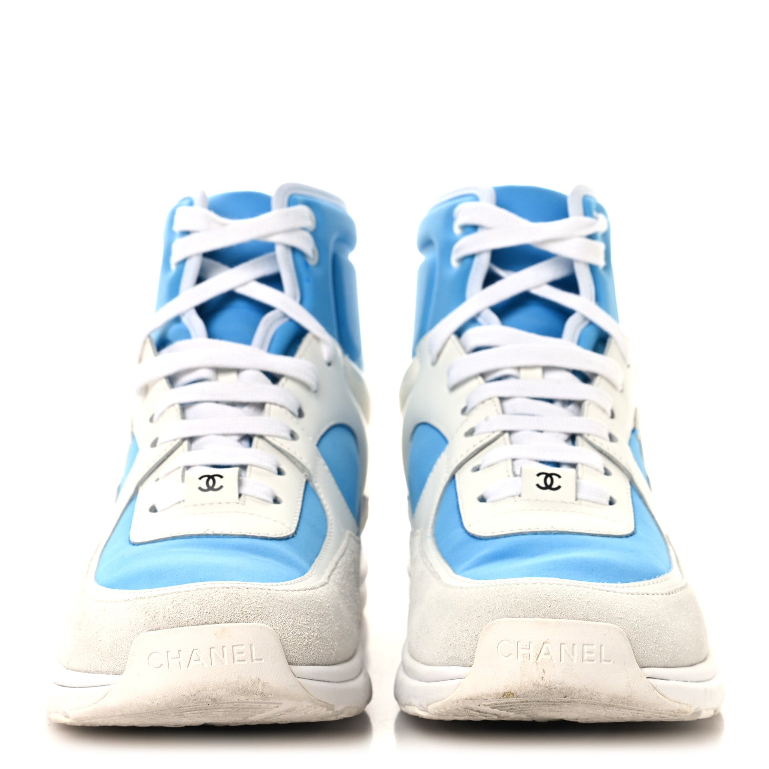 Chanel Suede Calfskin Lambskin High Top CC Sneakers 39 White Blue 3 of 8