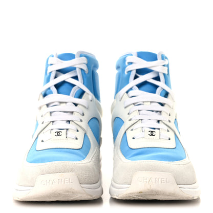 Chanel Suede Calfskin Lambskin High Top CC Sneakers 39 White Blue 3 of 8