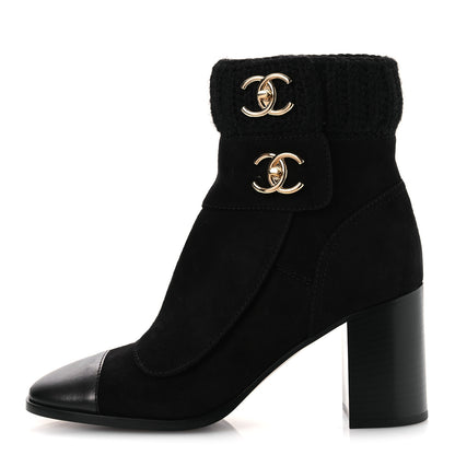 Chanel Suede Lambskin Knit CC Short Boots 39.5 Black 1 of 11