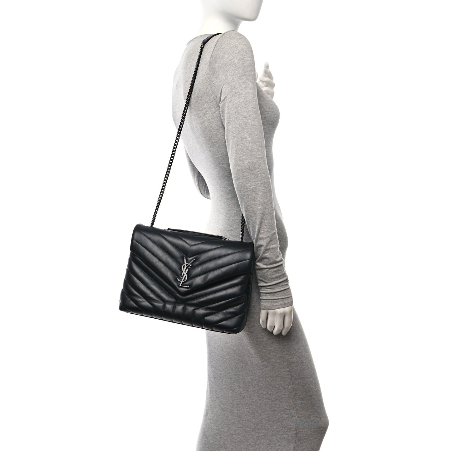 Calfskin Y Quilted Monogram Monochrome Medium Loulou Chain Satchel Black