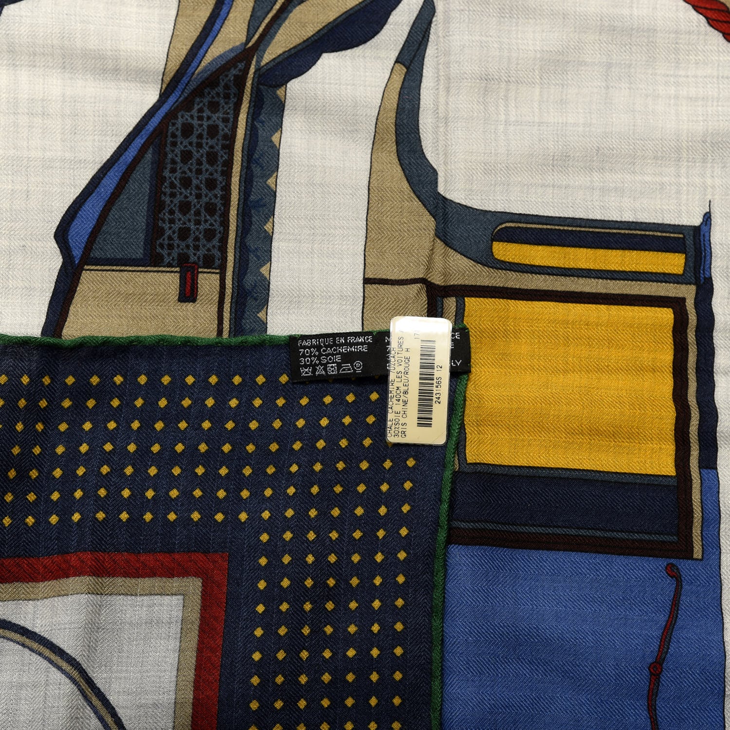 Hermes Cashmere Silk Les Voitures A Transformation Shawl 140 Gris Chine Bleu Rouge H 5 of 5