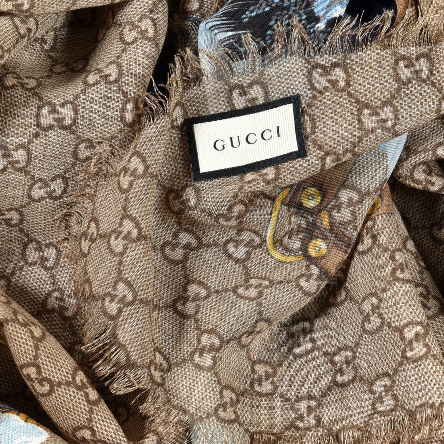 Wool Jacquard GG Monogram Big Panshie Fringe Shawl Sapphire Beige