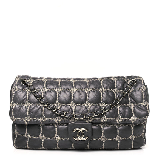 Lambskin Tweed Double Stitch Maxi Flap Grey